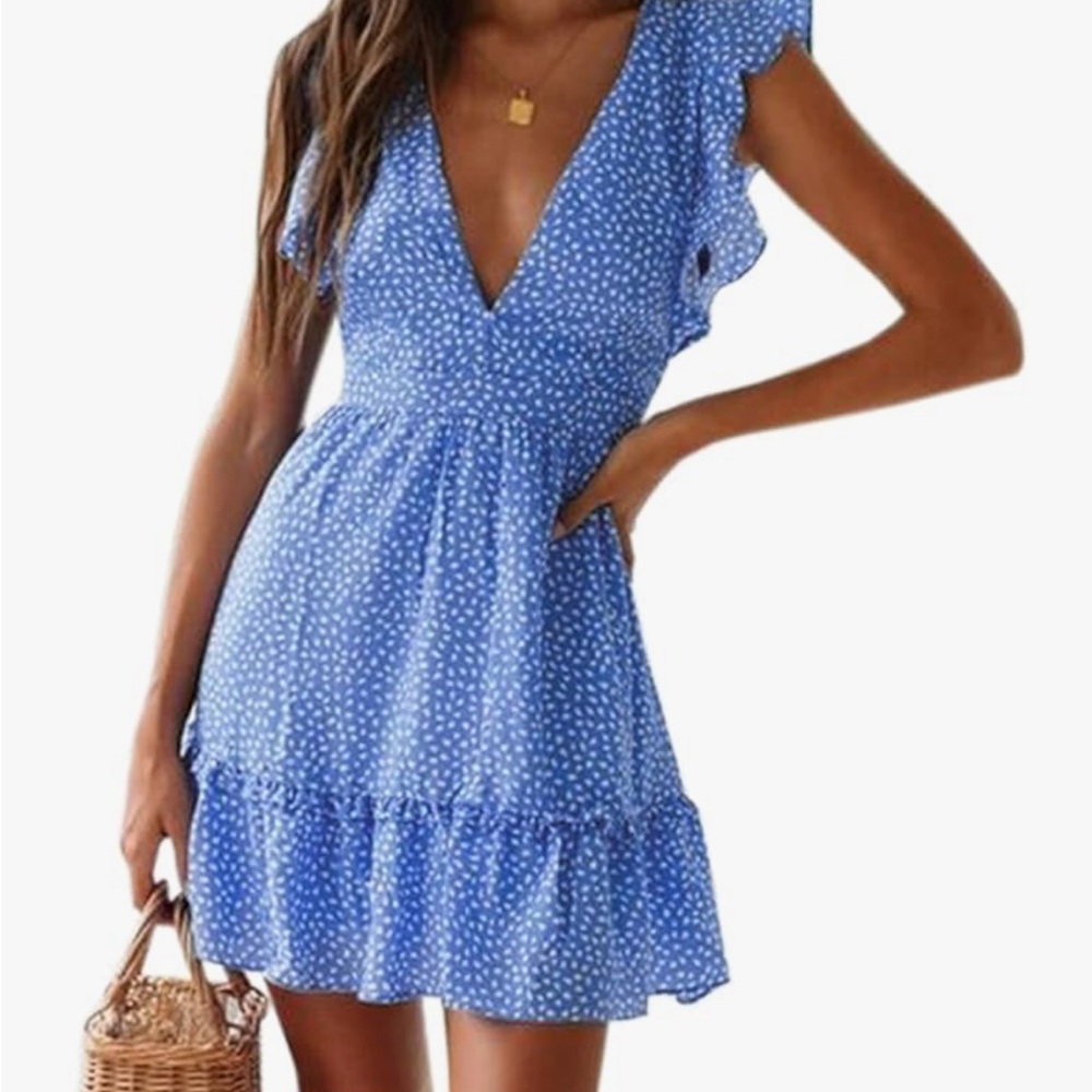 Blue Polka Dot Ruffle Dress- Size M